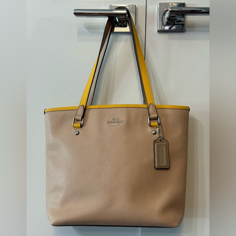 Coach Beige Tote with Yellow Trim EUC